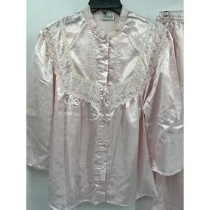 Vintage 80’s‎ Pink Satin 2 Piece Pajama Set Pleated Made In USA 44188 Medium M